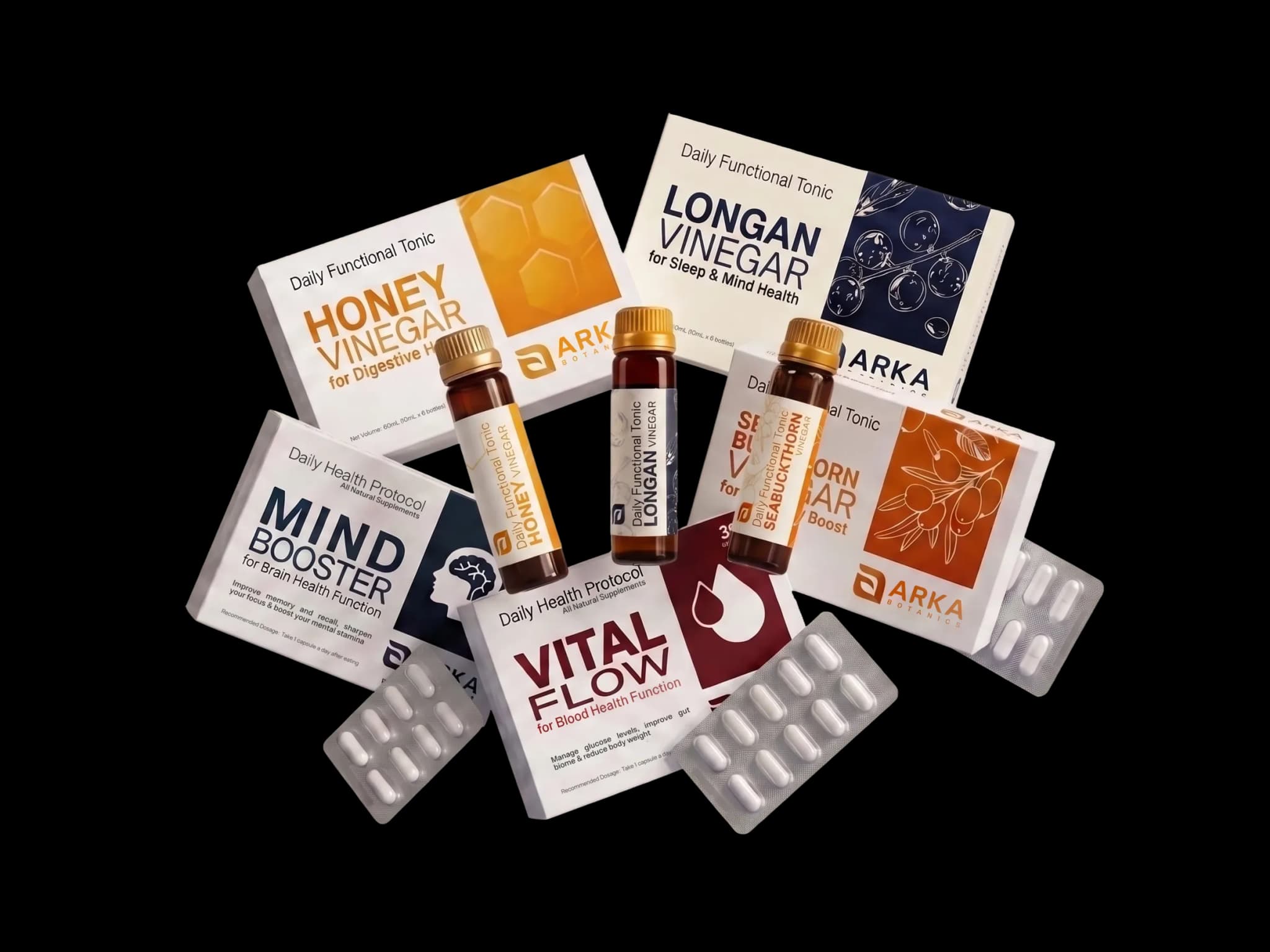 Arka bundle — Honey, Longan and Sea Buckthorn Vinegar cartons with vials