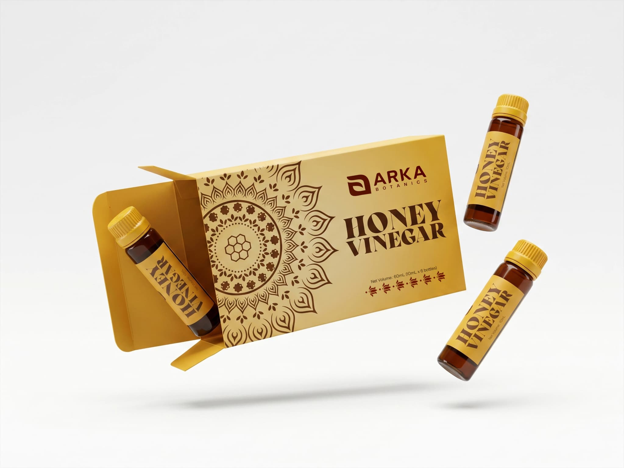 Open Honey Vinegar box with three vials floating against a plain background