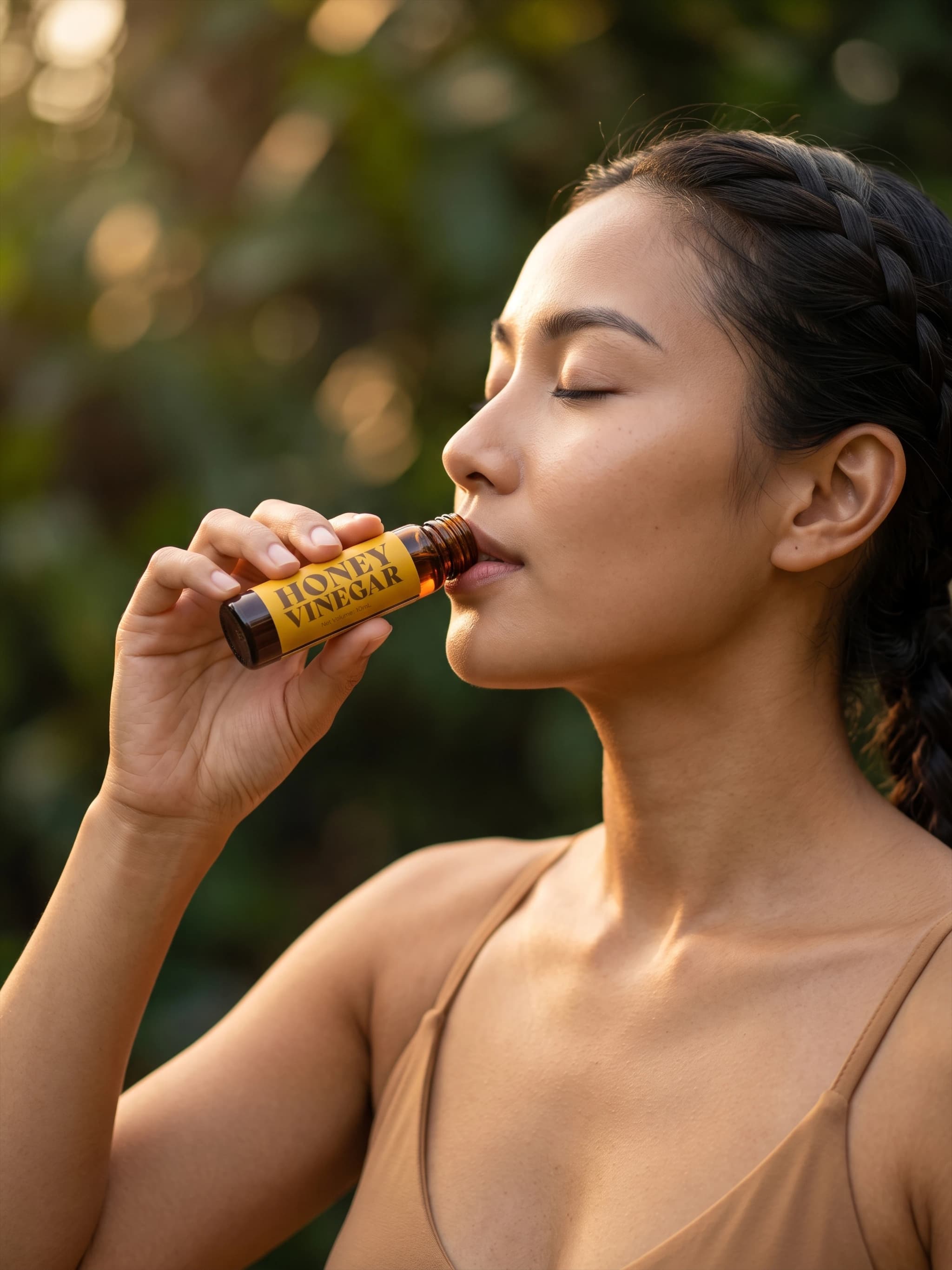 Woman drinking Honey Vinegar directly from the bottle outdoors at golden hour