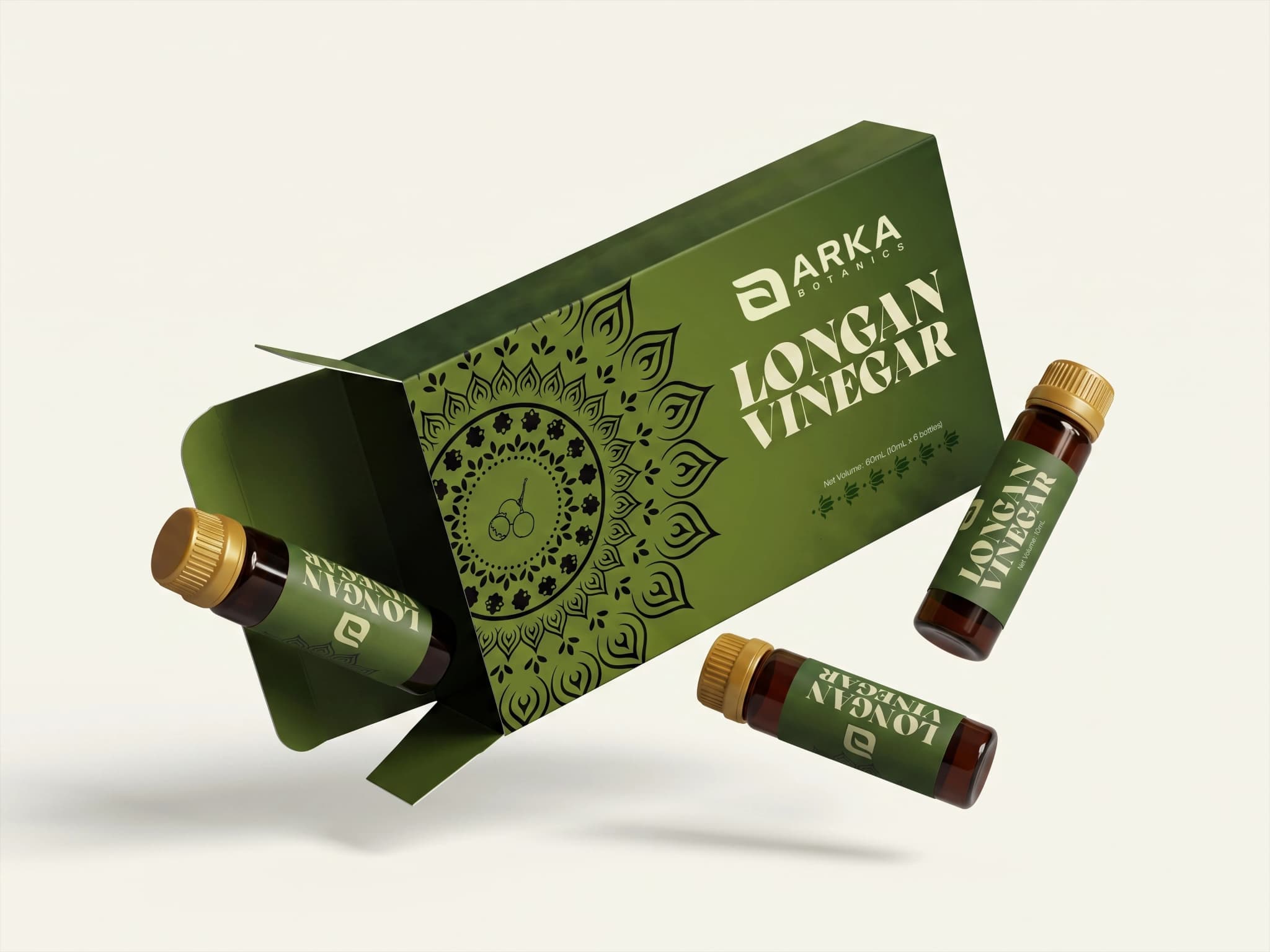 Open Longan Vinegar box with three vials floating against a plain background