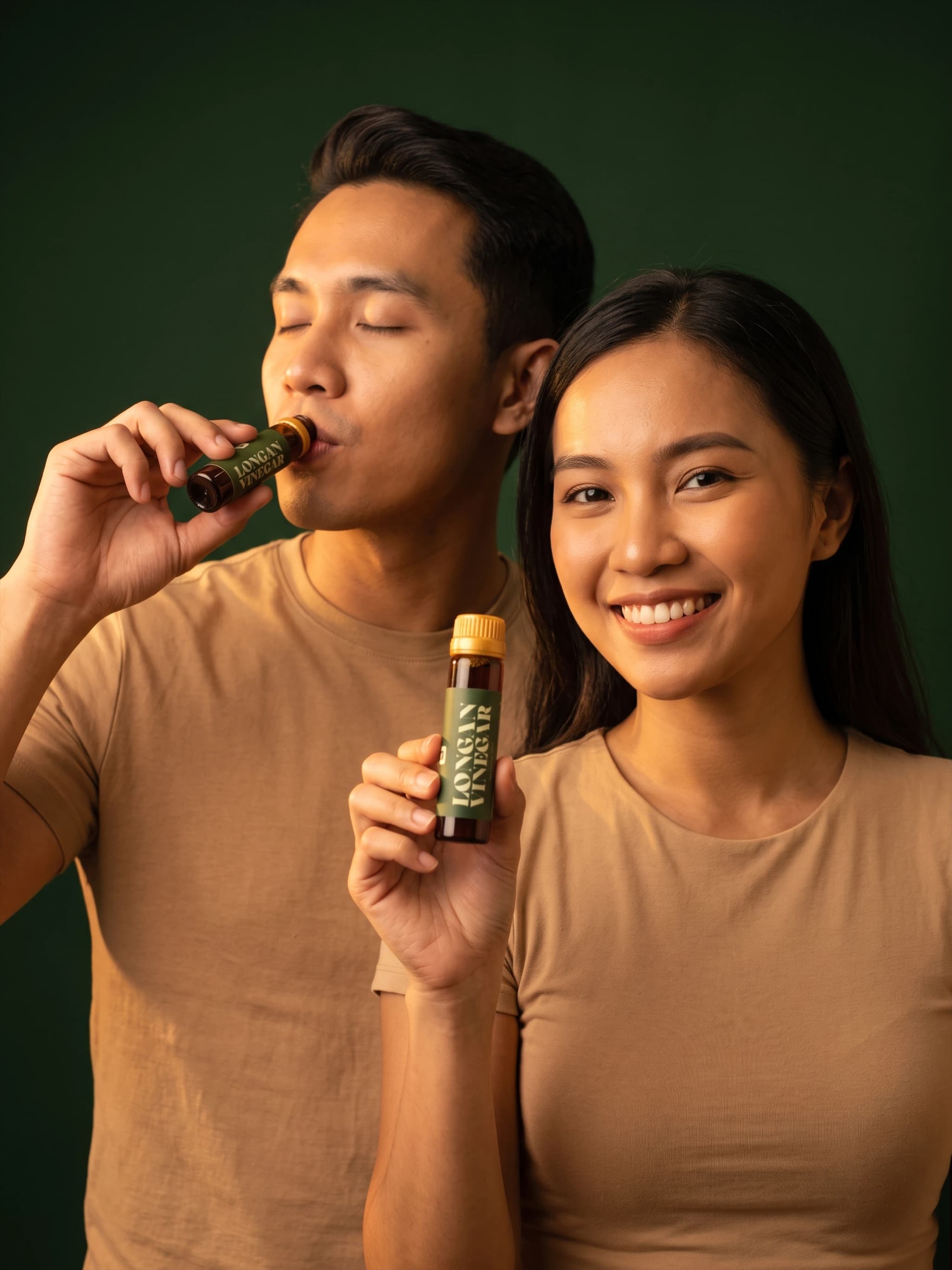 A man drinking Longan Vinegar beside a smiling woman holding a bottle
