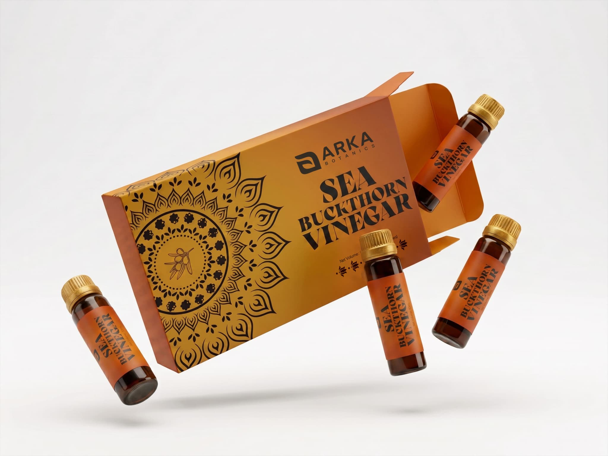 Open Sea Buckthorn Vinegar box with four vials floating against a plain background