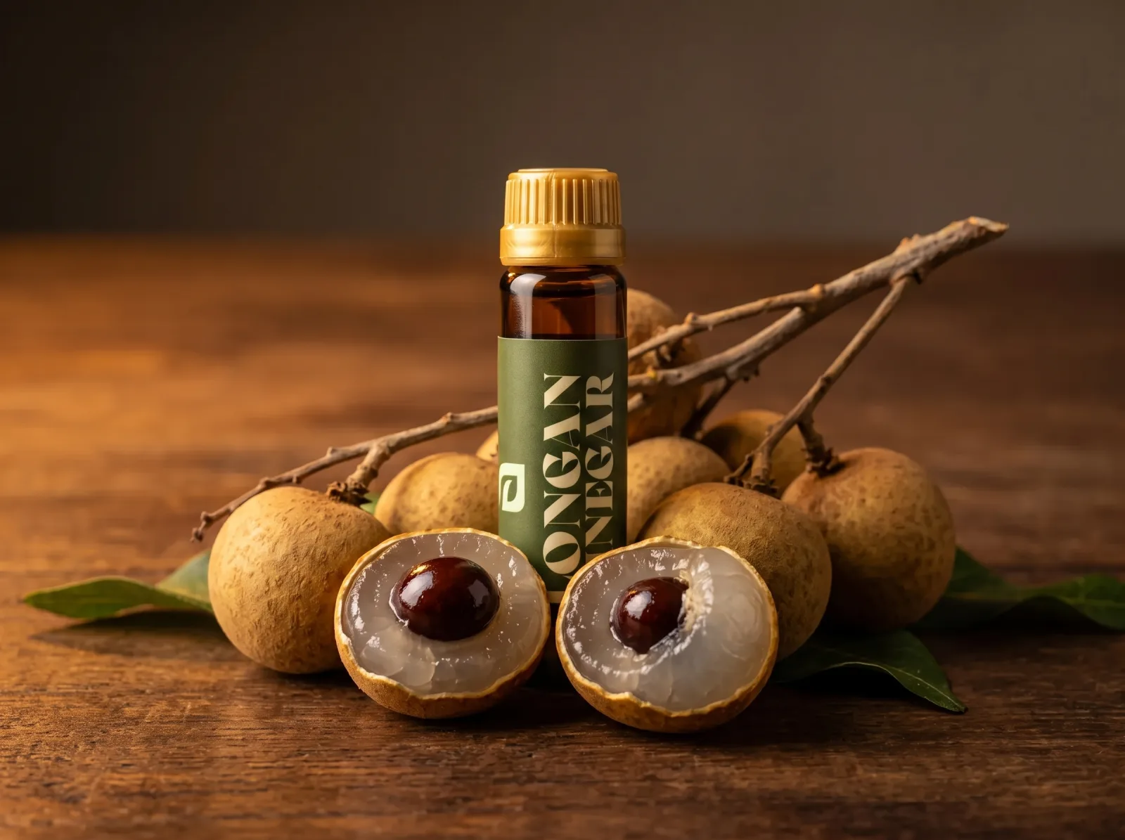 Longan Vinegar bottle resting beside fresh longan fruit