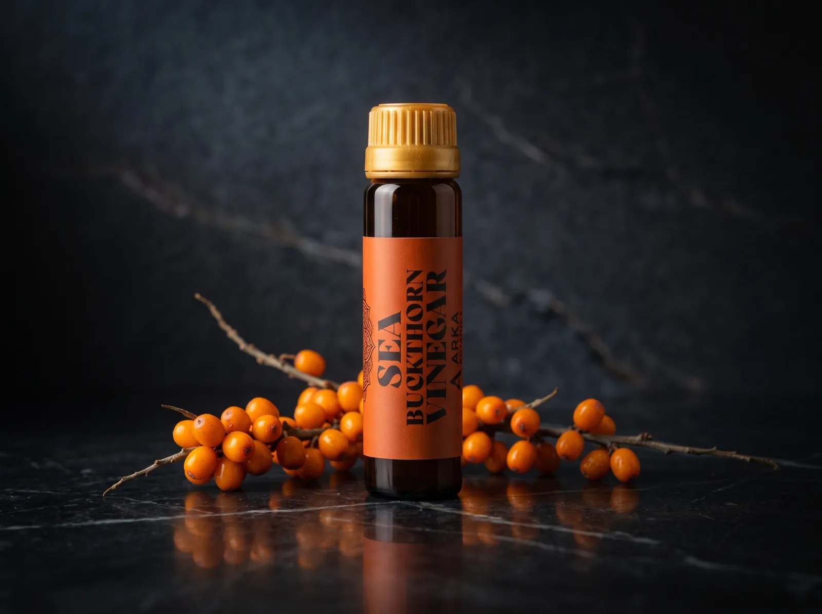 Sea Buckthorn Vinegar bottle on a dark reflective surface