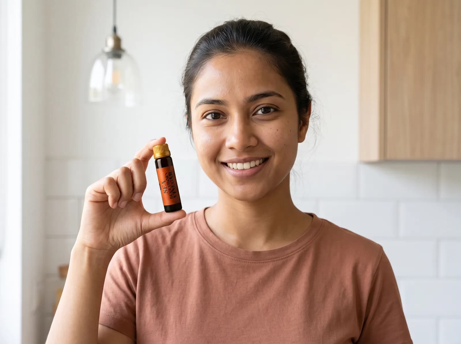 Woman holding a bottle of Sea Buckthorn Vinegar