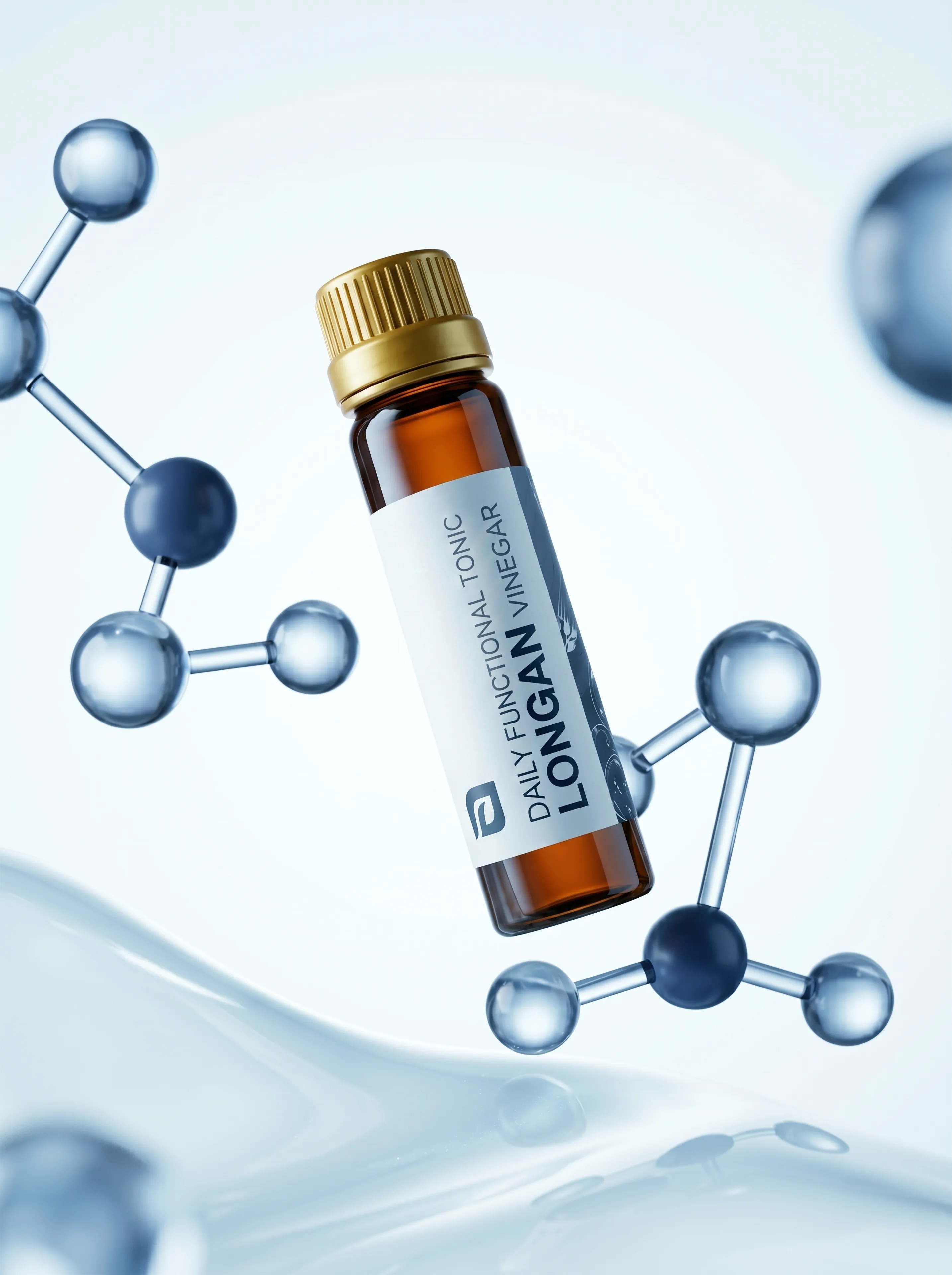 Longan Vinegar vial suspended among pale blue molecular models above a pool of tonic
