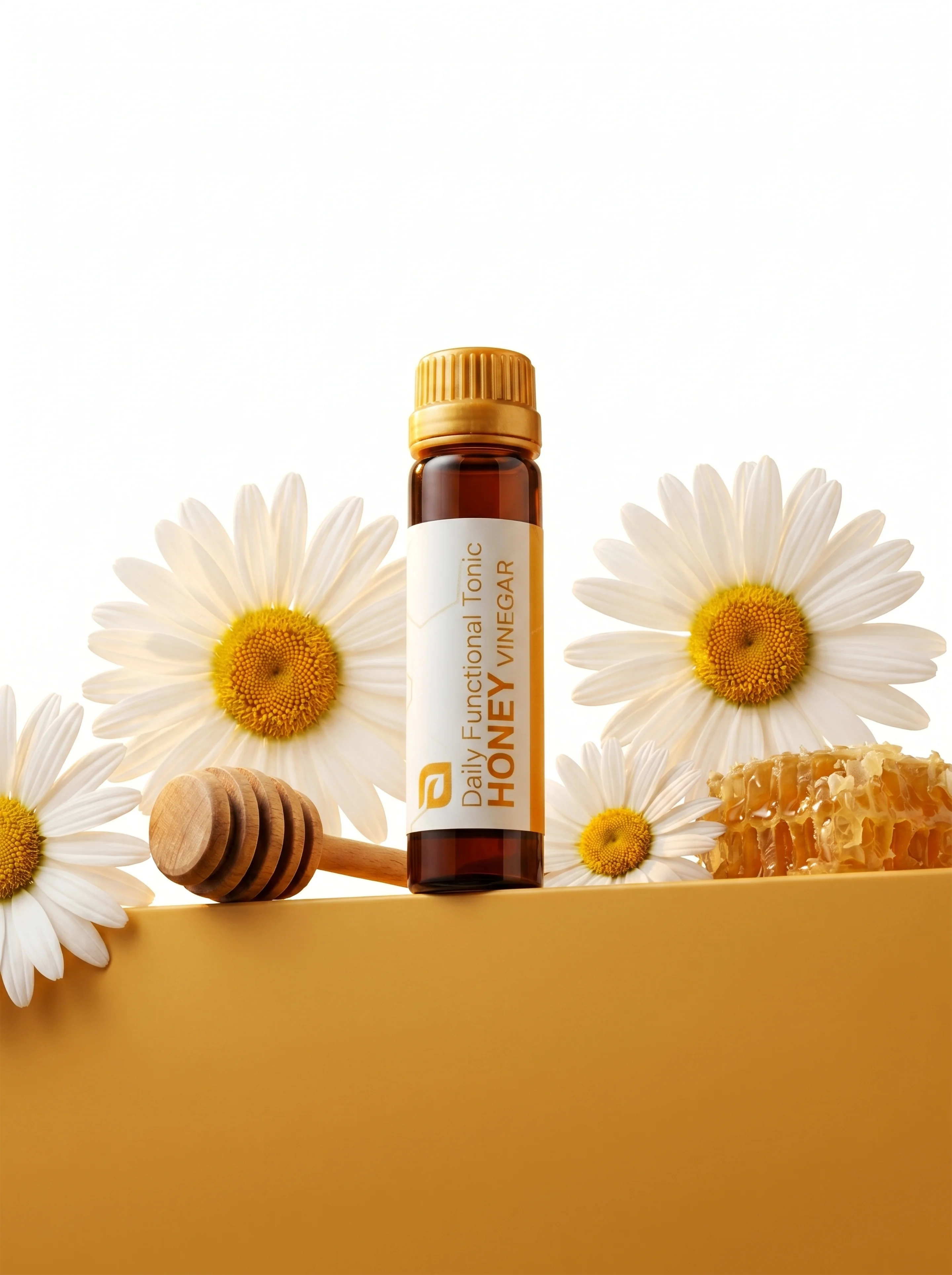 Honey Vinegar vial staged among daisies and a honey dipper