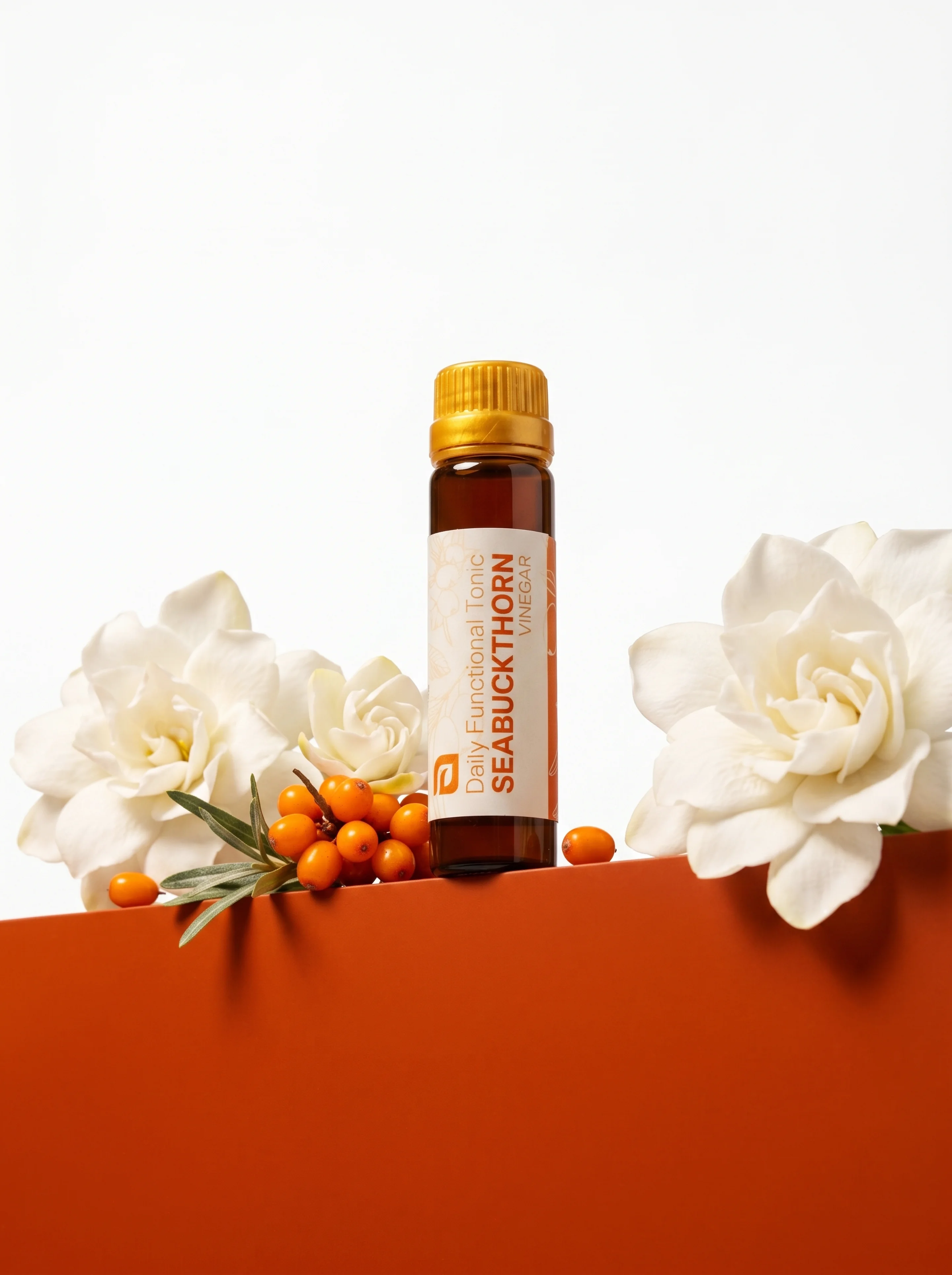 Sea Buckthorn Vinegar vial staged among sea buckthorn berries and white gardenias
