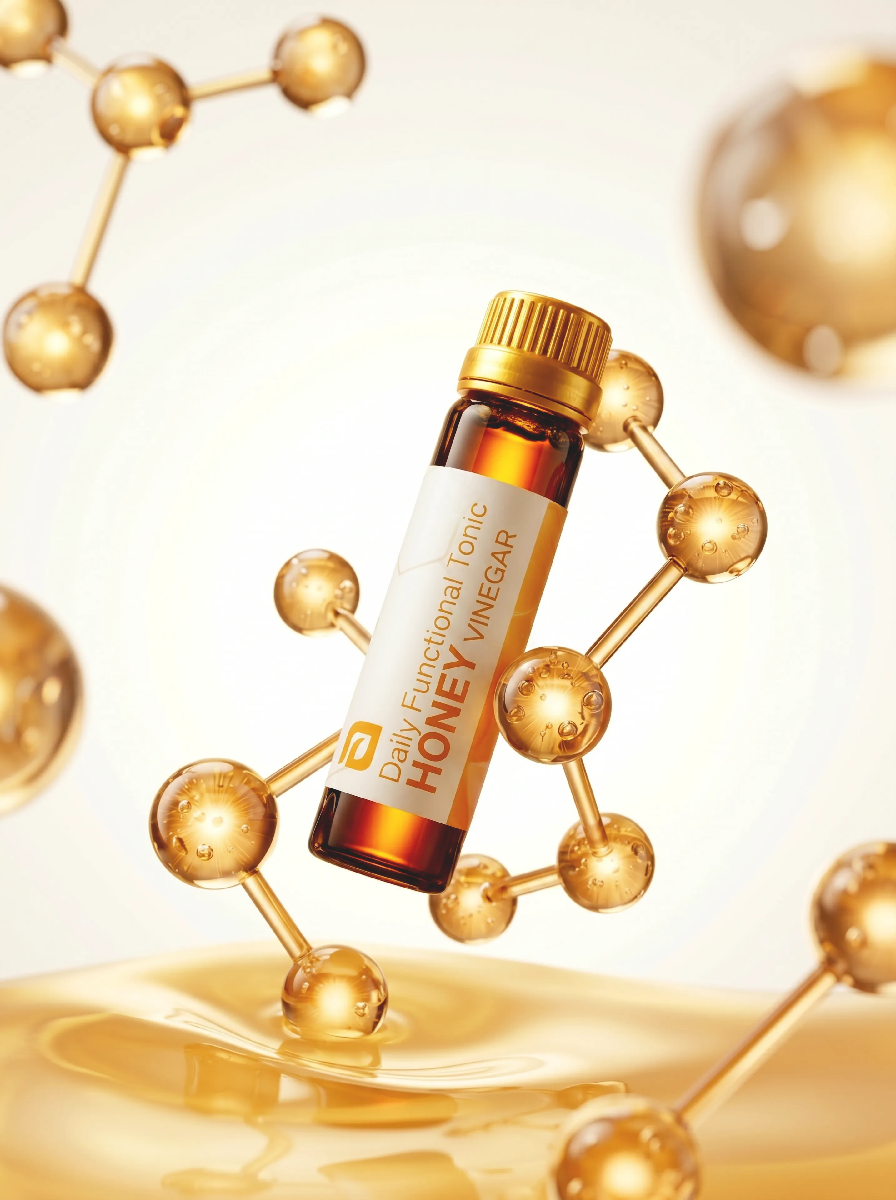 Honey Vinegar vial suspended among golden molecular models above a pool of honey