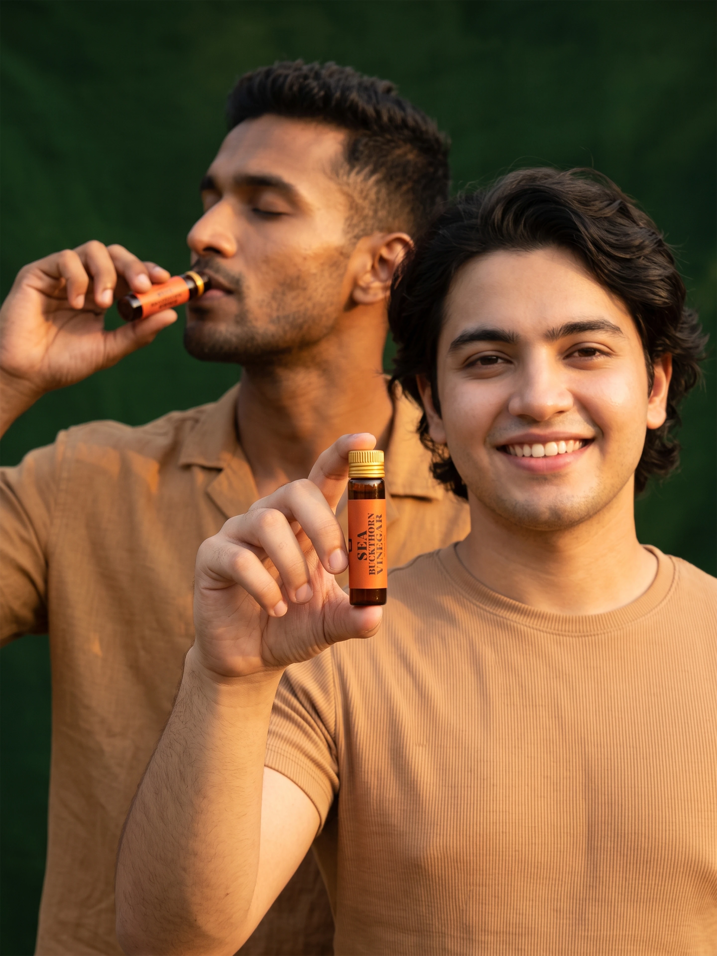 A man drinking Sea Buckthorn Vinegar beside a smiling man holding a bottle